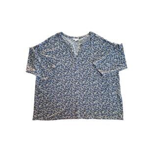 Jjill Top Womens 2X Blue Floral Blouse Vneck 3/4 Sleeve Stretch Bohemian Chic